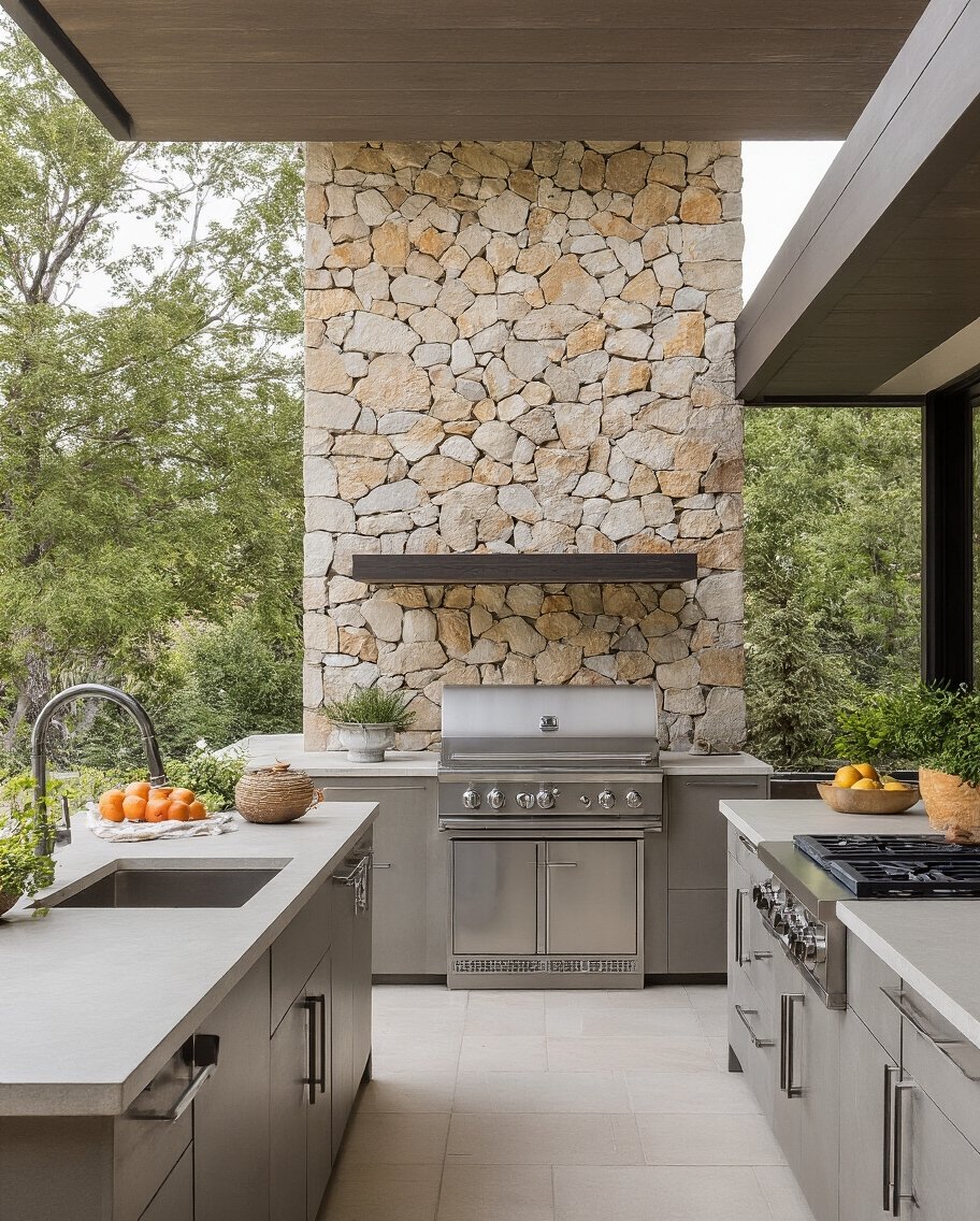focal stone accent transforms outdoor kitchen