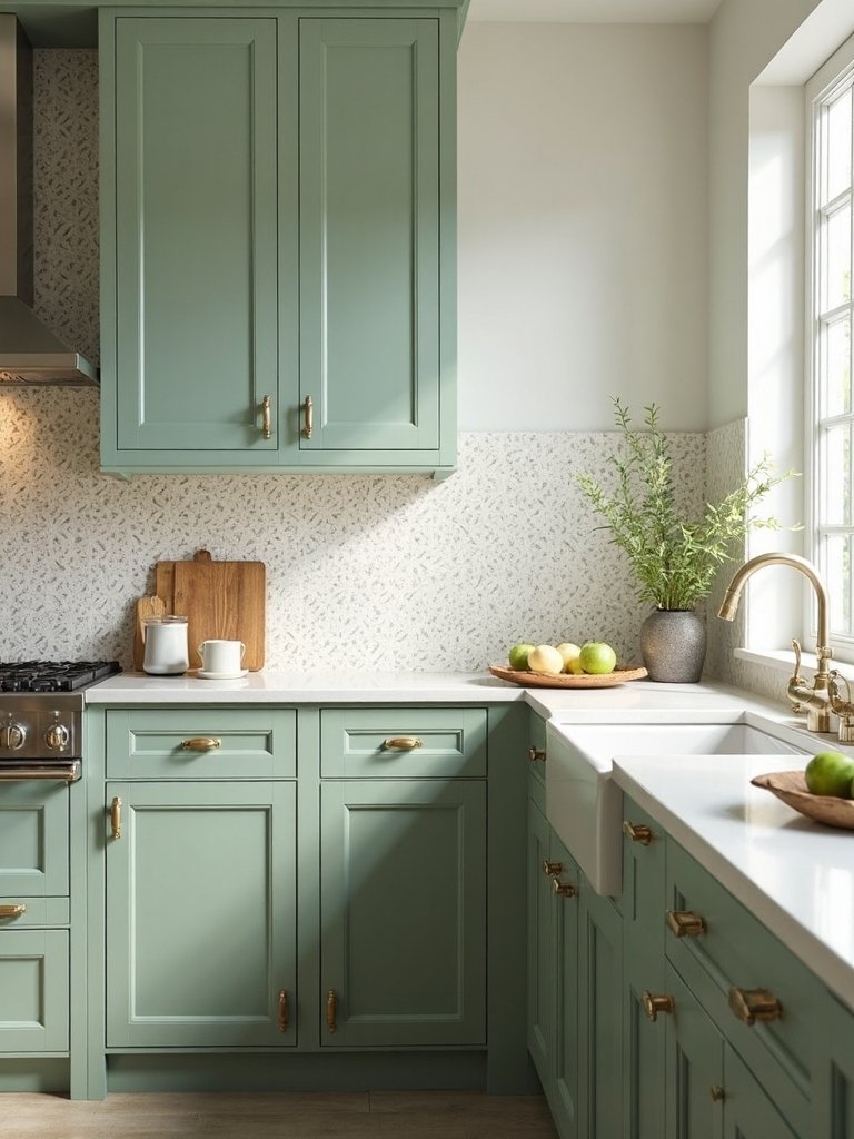 maximalist sage walled kitchen with patterned backsplash