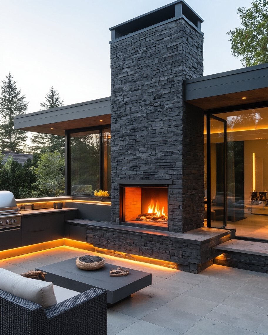 minimalist architectural outdoor stone fireplace