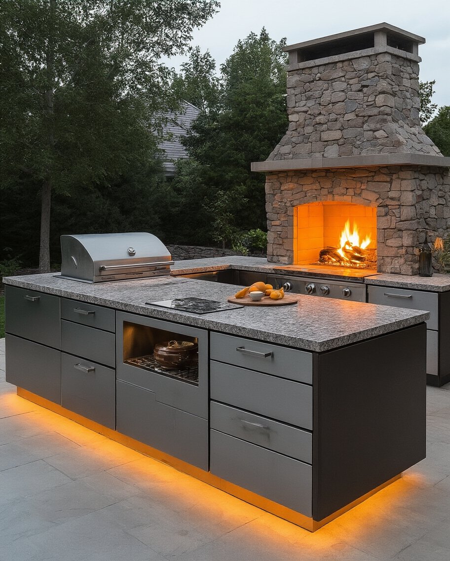 modular kitchen corner fireplace placement