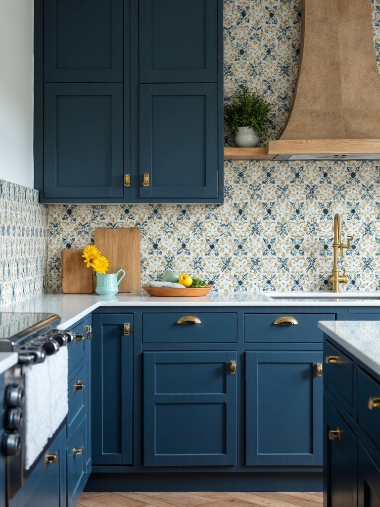 moroccan inspired patterned tiles complement navy kitchens