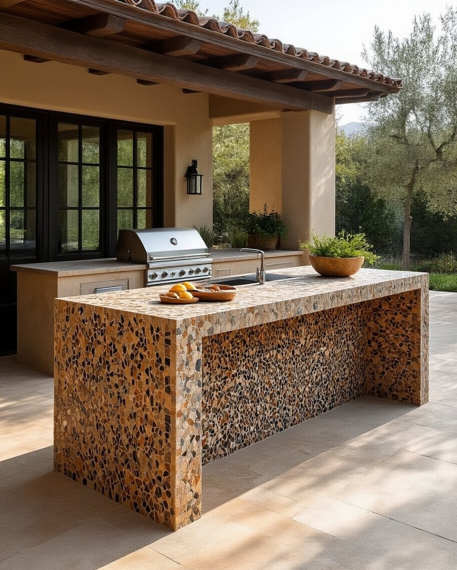 outdoor kitchen artistic mosaic stone panels