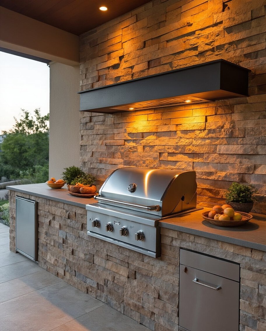 outdoor kitchen stone backsplash beauty