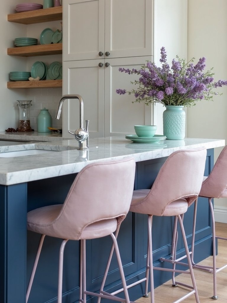 pastel accents elevate navy kitchens