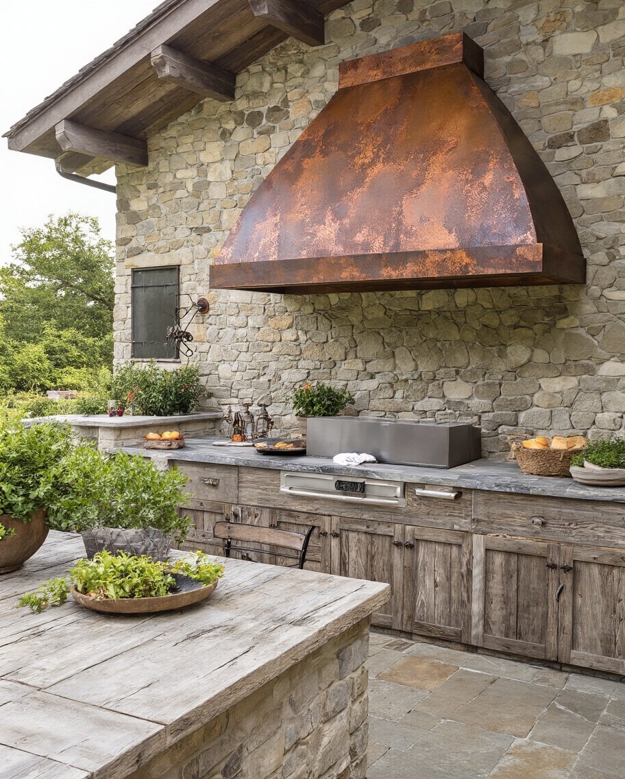 rustic farmhouse copper accented range hood