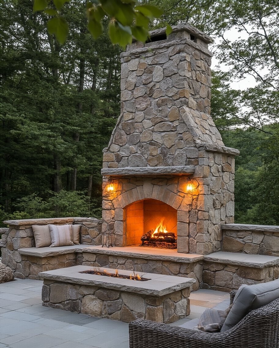 rustic fieldstone fireplace with built in seating