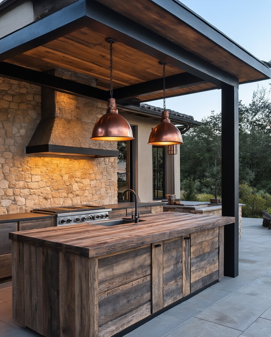 rustic industrial outdoor kitchen fusion