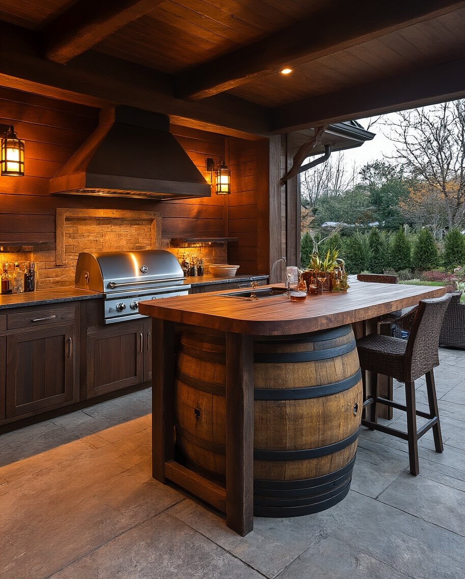 rustic whiskey barrel outdoor kitchen island