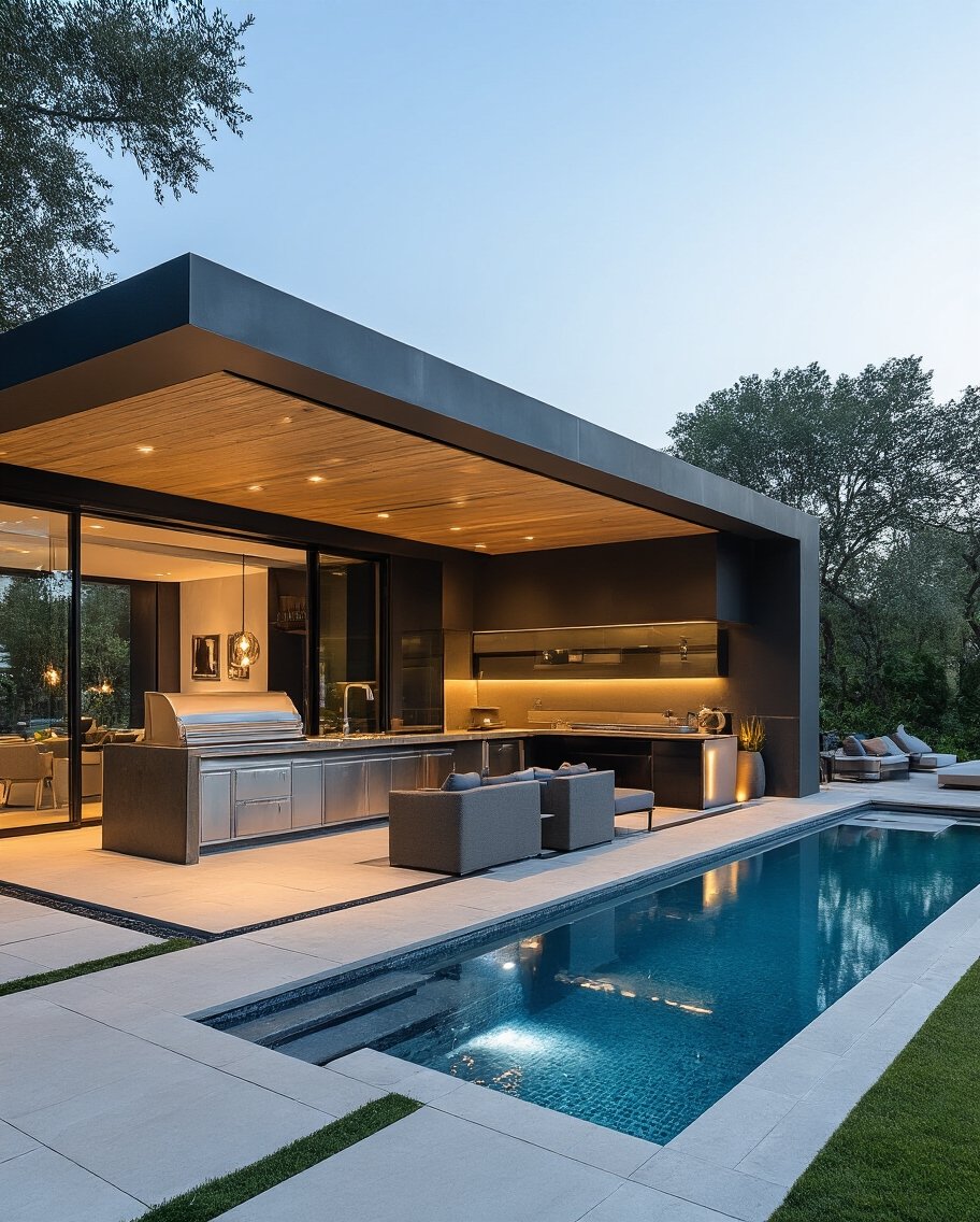 sleek poolside pavilion outdoor kitchen