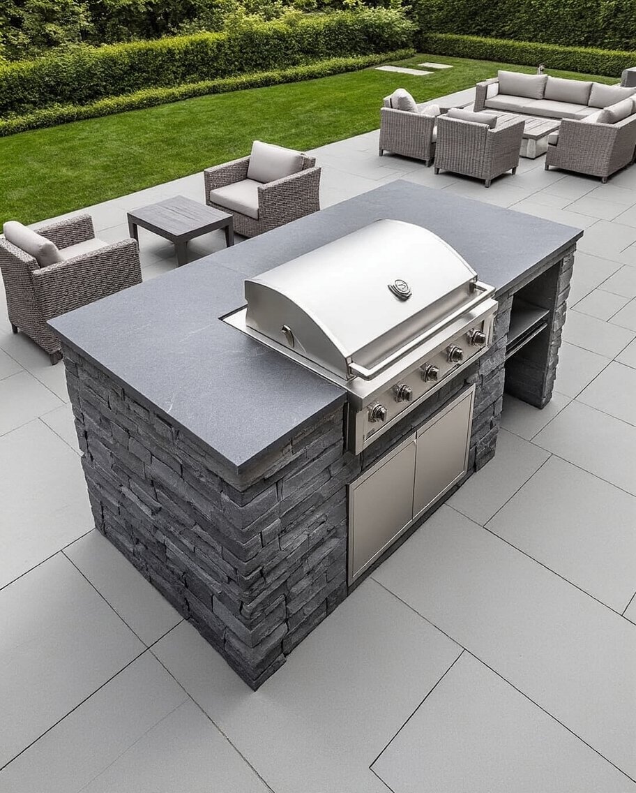 sophisticated functional gray stone outdoor kitchen
