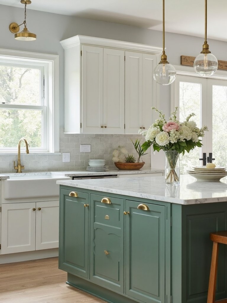 sophisticated kitchen island in sage green