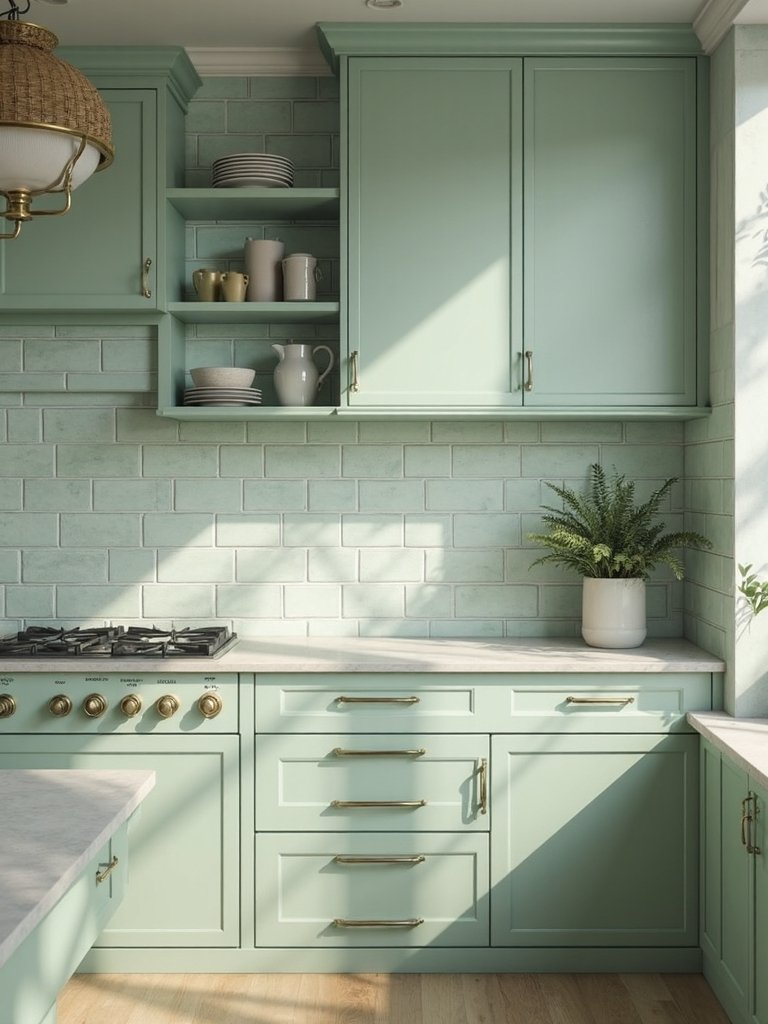 sophisticated sage green subway tile backsplash