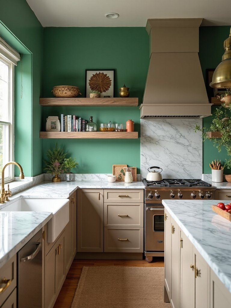 taupe cabinets bold accent walls