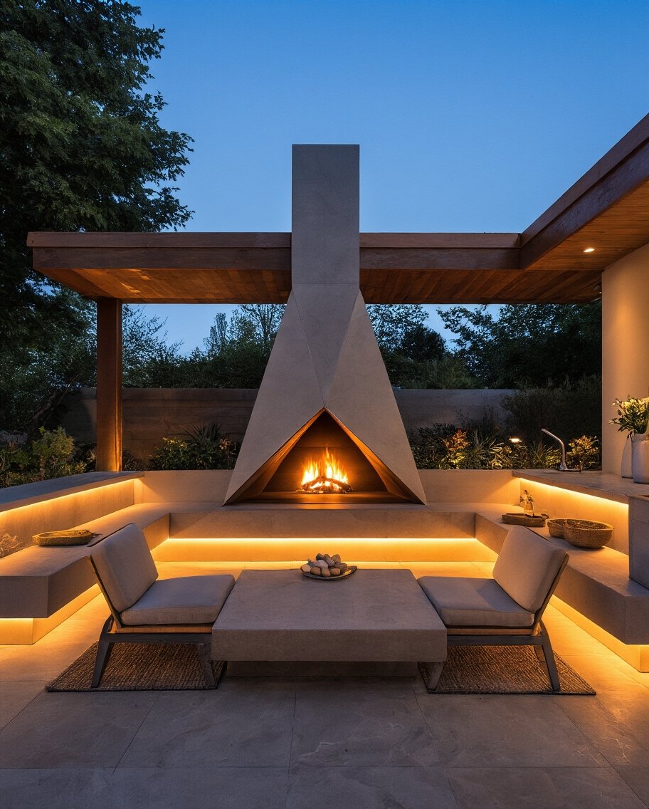triangular architectural outdoor fireplace focal point