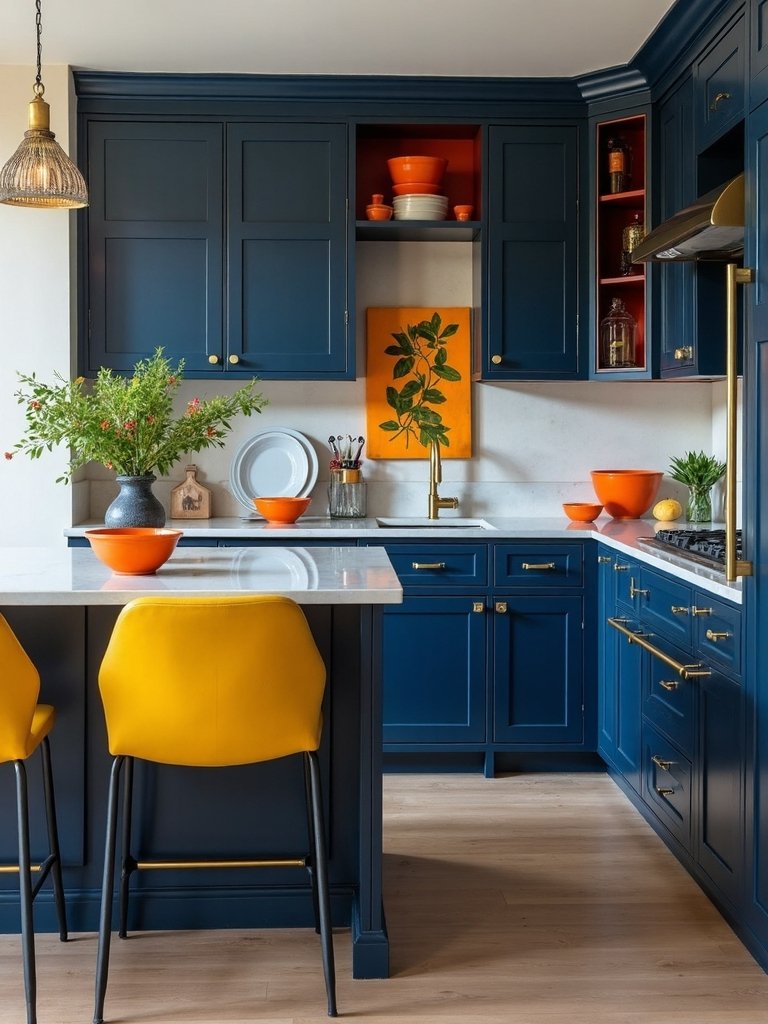 vivid accents brighten navy cabinets