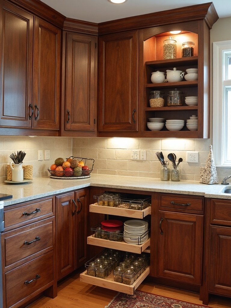 walnut cabinetry with innovative storage solutions