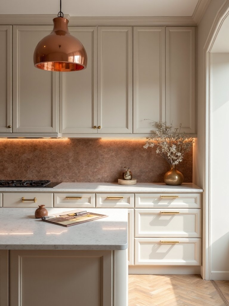 warm metallic kitchen cabinet accents