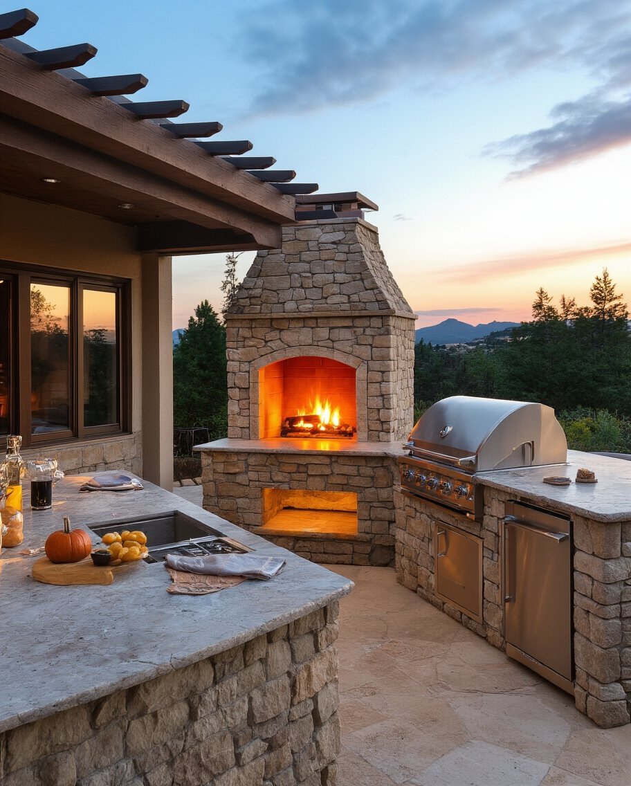 warm welcoming outdoor kitchen fireplaces