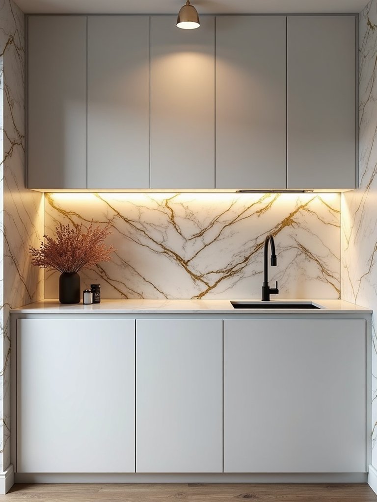 artistic backsplash anchoring small kitchen