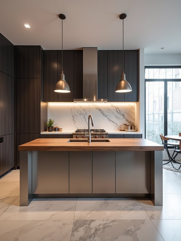 contrasting yet complementary kitchen island materials