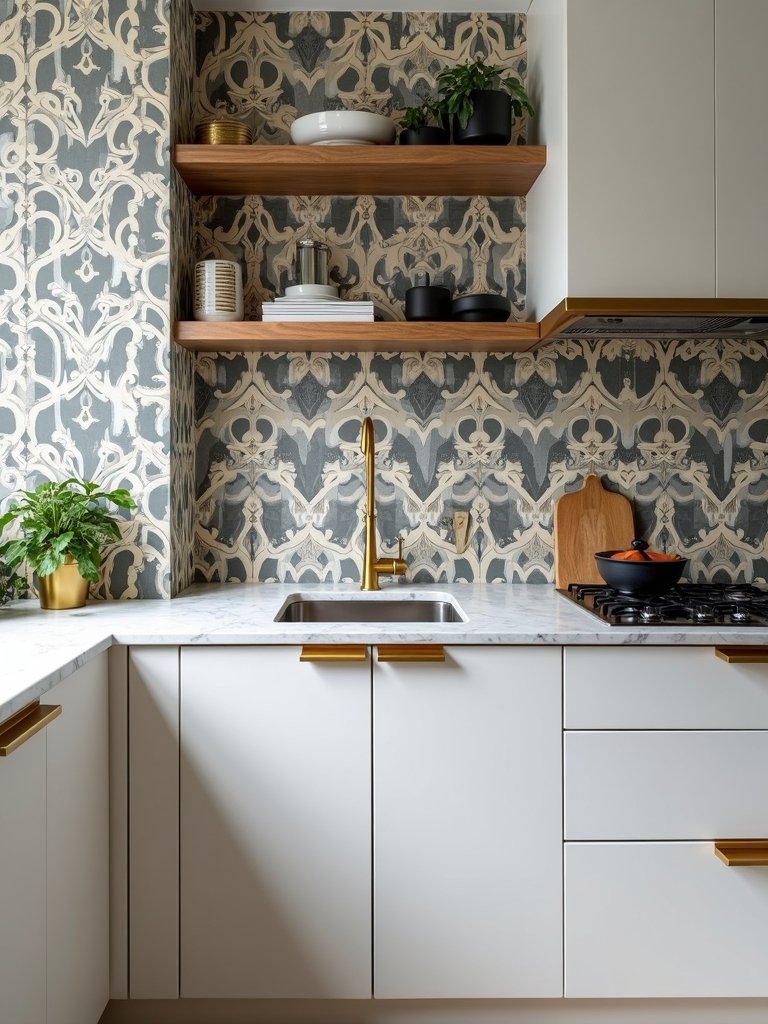 dramatic wallpaper transforms compact kitchens