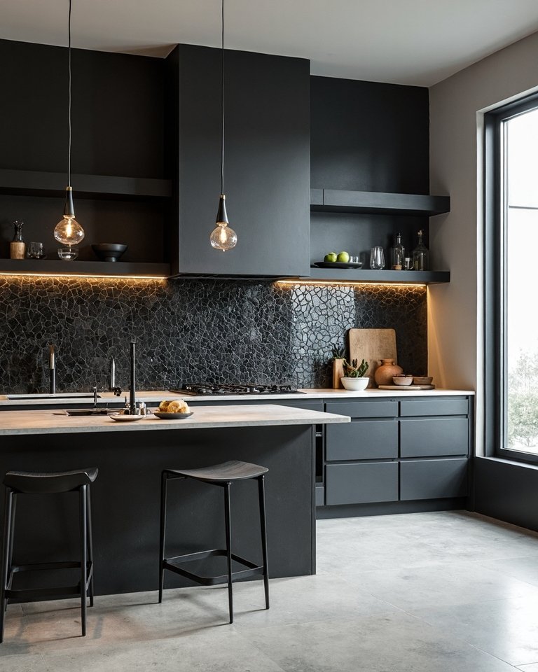black zellige tile kitchen