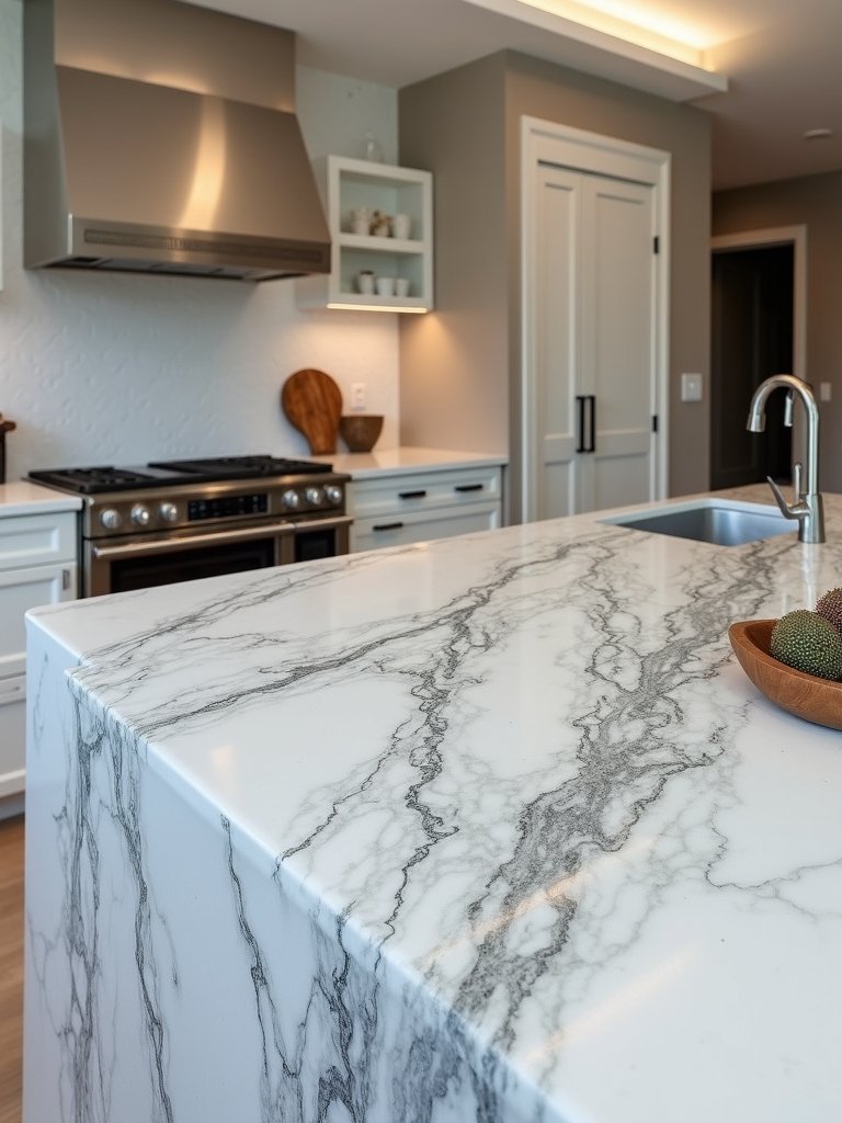 sculptural sophisticated waterfall quartz breakfast bar