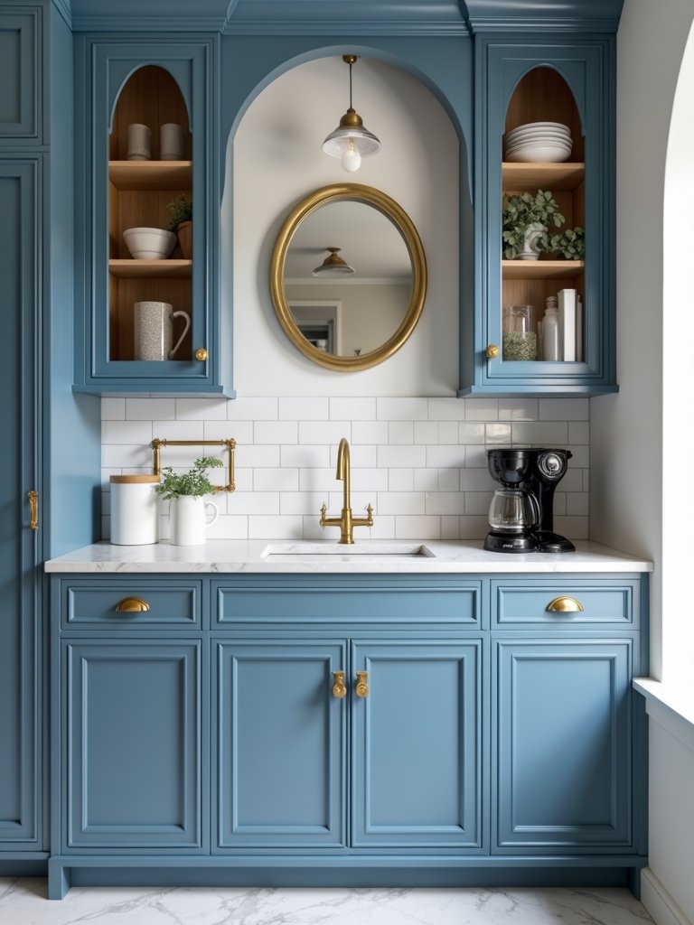 sophisticated arched blue cabinetry with subway tile