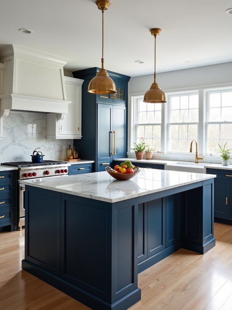 sophisticated navy blue brass accented kitchen island