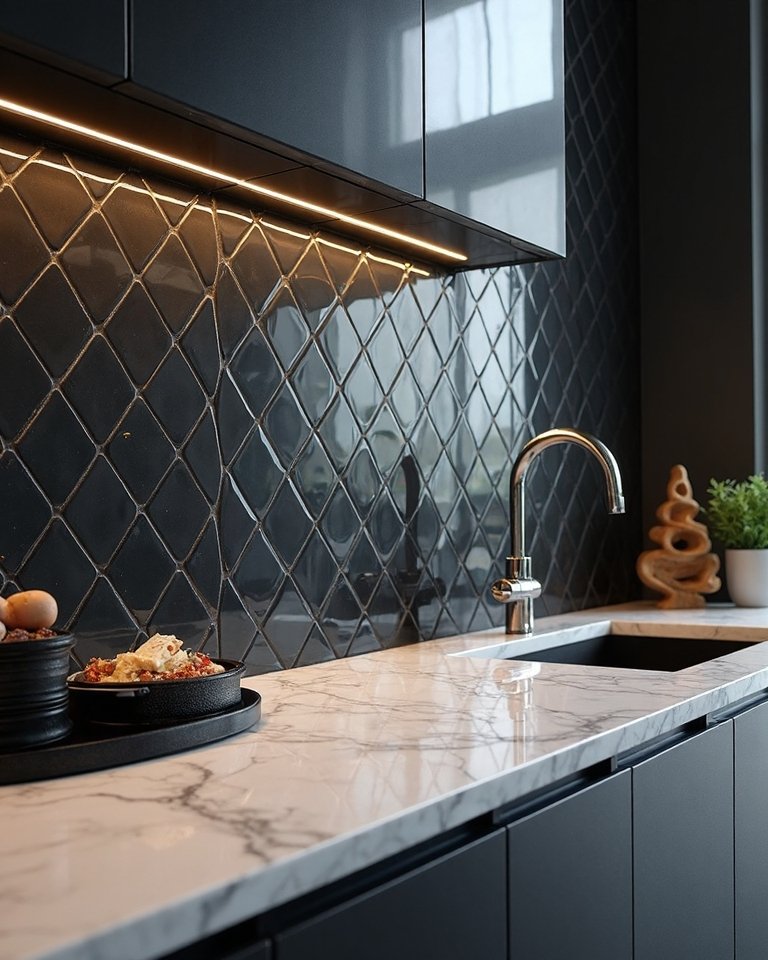 timeless elegant herringbone kitchen backsplash