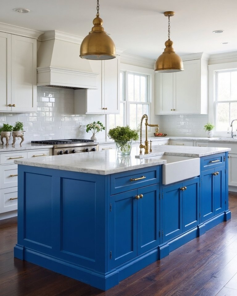 vibrant blue kitchen island highlight