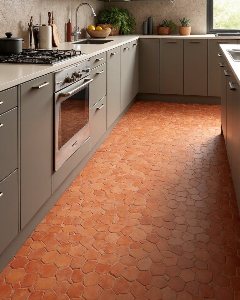 visually captivating terracotta kitchen flooring